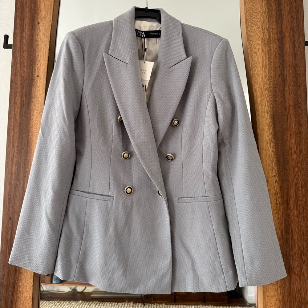 Zara Textured Double Breasted Blazer Blogger Favorite in Small Baby Blue